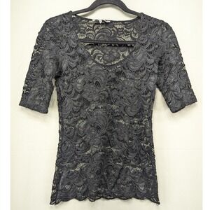 BKE Womens Top XS Black‎ Lace Floral Elbow Sleeve V Neck Semi Sheer